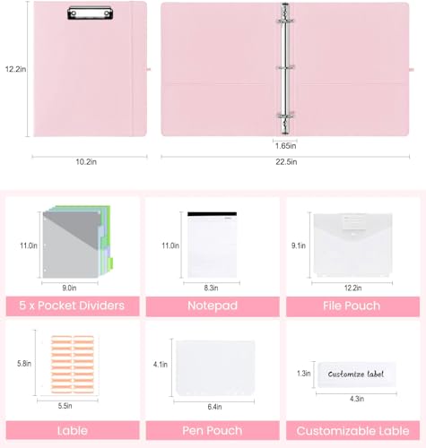 3 Ring Binder with Clipboard,1 Inch Binders with Notepad&5 Dividers with Pockets, Labels,PU Clipboards for School Office(Pink,Letter Size) - color: Pink, size: Letter Size - 1 Inch