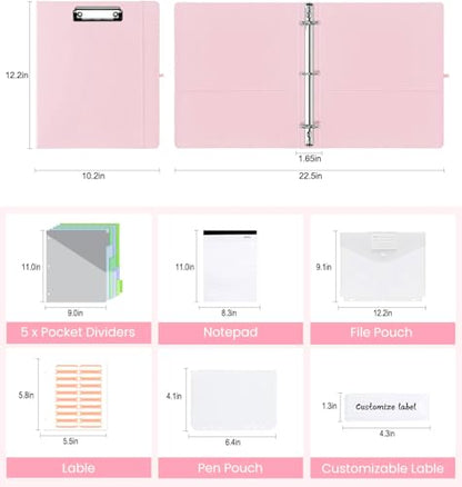 3 Ring Binder with Clipboard,1 Inch Binders with Notepad&5 Dividers with Pockets, Labels,PU Clipboards for School Office(Pink,Letter Size) - color: Pink, size: Letter Size - 1 Inch