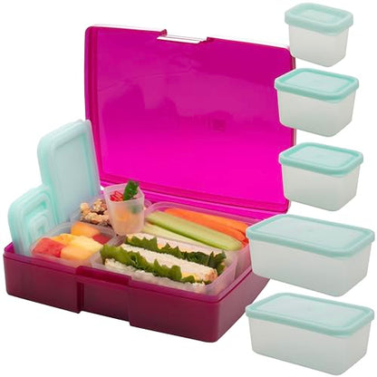 Bentology Bento Lunch Box Set w 5 Leakproof Made-to-Size Snack Containers & Built-In Utensil Holder- Meal Prep Made Easy w Reusable, Kid's Back to School or Office- Durable, BPA Free, Dishwasher Safe - color: Raspberry
