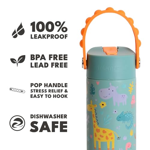 Elemental Insulated Kids Water Bottle, Stainless Steel Water Bottle with Straw Lid & Pop-It Handle, Leak-Proof Water Bottles for School, Boys or Girls, Travelling and Sports, 18oz - Safari - color: Safari