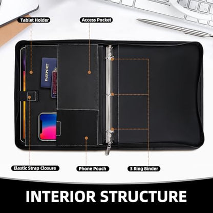 Antner Zipper Portfolio Binder Padfolio 3 Ring Binder 1 Inch Professional Faux Leather Document Organizer Folio for Tablet, Phone, and 8.5x11 Documents, Resumes, Presentation Folders for Men & Women