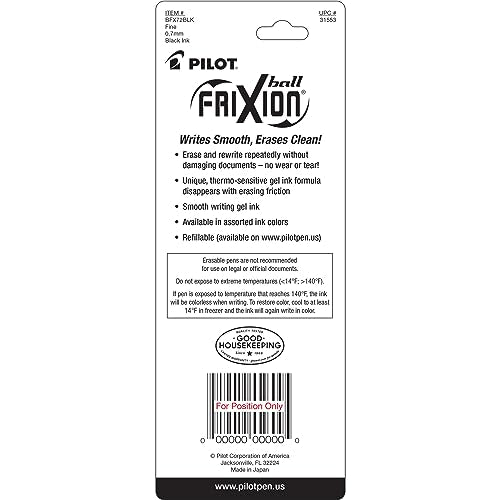 Pilot, FriXion Ball Erasable & Refillable Gel Ink Pens, Fine Point 0.7 mm, Pack of 2, Black