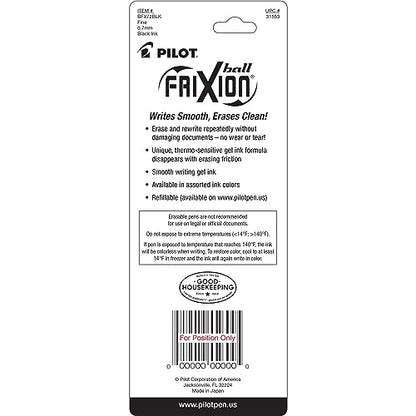 Pilot, FriXion Ball Erasable & Refillable Gel Ink Pens, Fine Point 0.7 mm, Pack of 2, Black