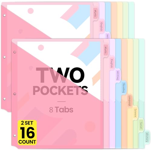Sooez 16 Count Dividers with 2 Pockets, Binder Dividers with tabs | Binder Dividers for 3 Ring Binders, Binder Divider with Pockets for US Letter Size, Insertable Big Tabs, Pastels, Set of 2 - color: Pink, size: 2 Sets