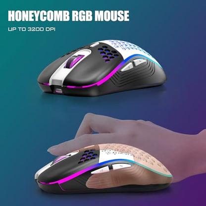 RedThunder K84 Wireless Keyboard and Mouse Combo, Rainbow Backlit Rechargeable Battery, 75% Layout TKL Ultra Compact Gaming Keyboard & Lightweight 3200 DPI Honeycomb Optical Mouse (Black-White) - color: Black White