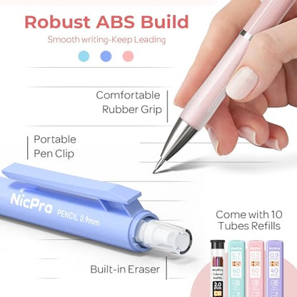 Nicpro 38PCS Aesthetic School Supplies, Pastel Mechanical Pencil Set 0.5, 0.7, 0.9 & 2.0 mm with 564PCS Lead Refills, Cute Mechanical Pencils for Girls Student Stationary Drawing Drafting - Pink Case - size: 38 PCS