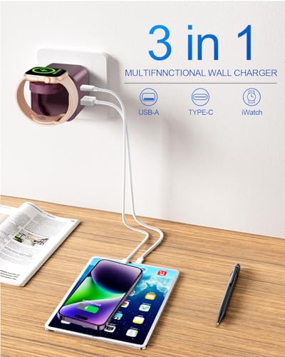 BeaSaf 36W for Apple Charging Block with Built-in Watch Charger, Foldable PD Fast Charger Block for iPhone, Dual Ports Wall Charger Compatible with Apple Watch iPhone AirPods (Plum) - color: Plum