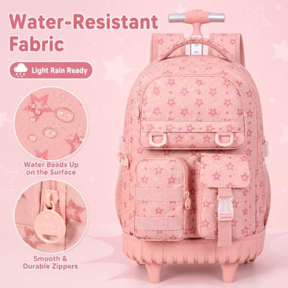 CCJPX Rolling Backpack for Girls, 3Pcs Roller Wheeled School Bookbag, Star Wheels Backpacks with Lunch Box for Kids (Pink) - color: Star Pink