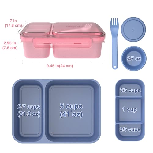 Caperci 2 Pack Salad Containers - Extra-Large 62oz Bento Lunch Box for Adults, 2-Compartment Meal Prep Container with Removable Toppings Tray, Sauce Cup, Reusable Fork, BPA-Free (Navy & Pink) - color: Navy Blue & Pink