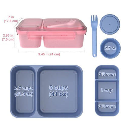 Caperci 2 Pack Salad Containers - Extra-Large 62oz Bento Lunch Box for Adults, 2-Compartment Meal Prep Container with Removable Toppings Tray, Sauce Cup, Reusable Fork, BPA-Free (Navy & Pink) - color: Navy Blue & Pink