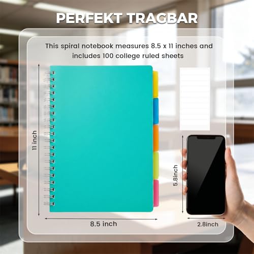 Koogel Spiral Notebook with Tabs, 5 Subject Spiral Notebook Wide Ruled with Removable Dividers, 200Pages Lined Journals for Women Journals Note Taking Work School Gifts, 8.5x11Inch, Green - color: green