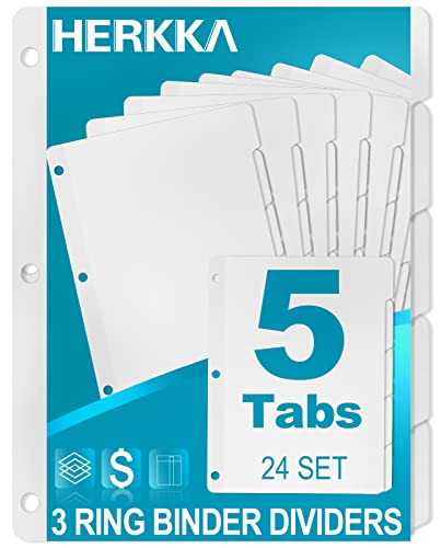 5-Tab Binder Dividers, HERKKA 3 Ring Binder Dividers with Reinforced Edge, 3 Hole Punch Section Index Dividers for Binders, 1/5-Cut Tabs, Letter Size, White, 120 Dividers - color: White