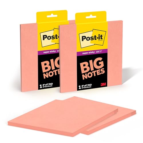 Post-it Super Sticky Big Notes, 8 in. x 8 in., Extra Large Sticky Notes in Papaya Fizz, 2 pads, 60 Sheets Total, Great for Vision Boards, Creative Projects, Study Spaces, Group Brainstorming, and More - color: Papaya Fizz
