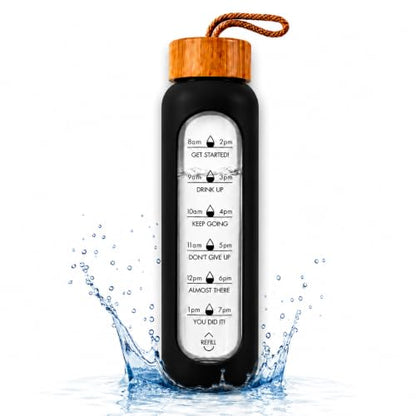 1 Litre Borosilicate Glass Water Bottle, Motivational Hydration Tracker Bottle with Bamboo Lid, Protective Silicone Sleeve | Reusable Bottle, Leak-Proof, BPA-Free, Time Marker, Black - color: Black