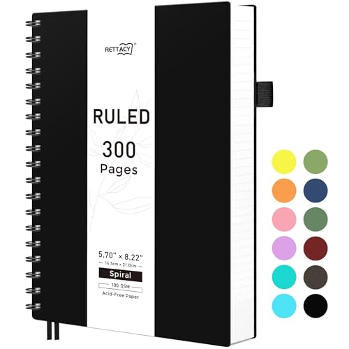 RETTACY Spiral College Ruled Notebook, 300 Pages, A5 Medium Size (5.7" x 8.2"), for School, Work, Writing, Journaling, 100 GSM Thick Paper, Flexible Plastic Cover (Black) - color: Black, size: 5.7" x 8.2"