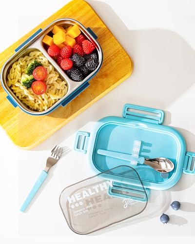 Lille Home 28oz Stainless Steel Leakproof 2-Compartment Bento Lunch Box/Portion Control Food Container with Lunch Bag and Cutlery Set, BPA Free (Light Blue) - color: Light Blue