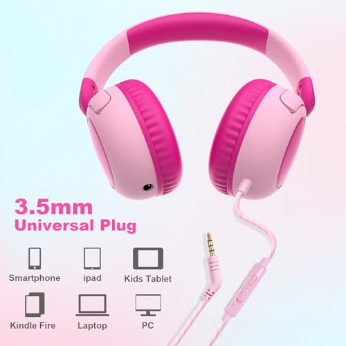 V8 Kids Headphones,Toddler Headphones with Mic, 85/94dB Volume Limiter, Tangle-Free 3.5mm, Stereo Sound, Shared Interface, Adjustable Portable Headphones for School & Travel （Pink） - color: Hot Pink