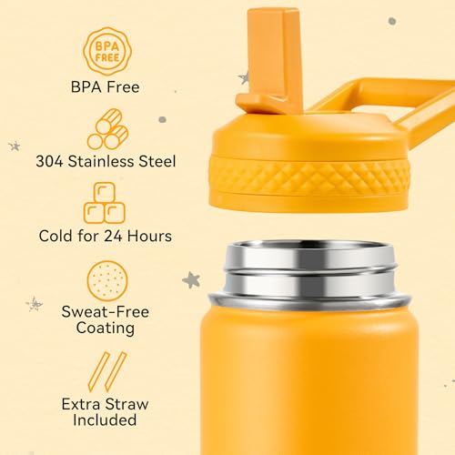 Fijinhom 12 oz Kids Water Bottle, Toddler Water Bottle with Straw, Boys&Girls Bottle for School, 304 Stainless Steel Vacuum Insulated Bottle for Kids, BPA-Free, Leak-Proof, Sunrise - color: Sunrise