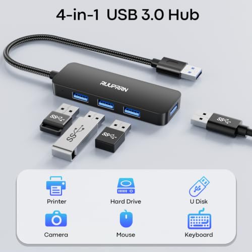 USB 3.0 Hub, 4-Port USB-A Splitter, 5Gbps High-Speed Data Adapter, Plug & Play USB Extender Hub for Laptop, PC, Desktop, Keyboard, Mouse, Flash Drive, External HDD, Printer, 1FT