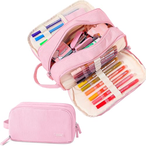 3 Compartment Pencil Case, Extra Large Capacity School Supplies Pencil bag with Easy Handle, Soft Corduroy Pencil Pouch, Aesthetic Supply Pen Case Bag Organizer For Teen Girls College (Pink) - color: Pink