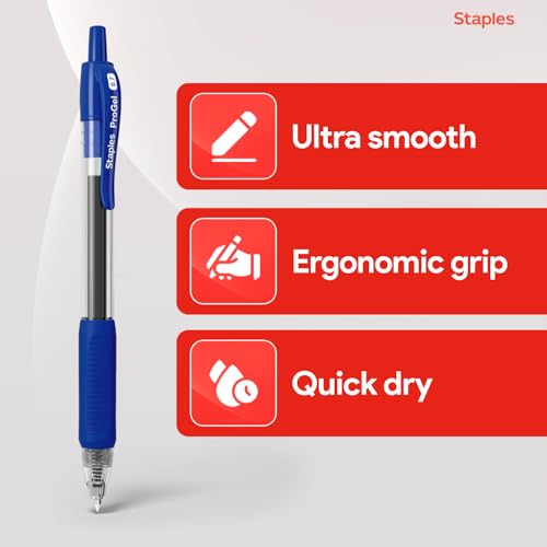 STAPLES Retractable Gel Pens, Fine Point 0.7mm, Blue Ink, 12 Pack – ProGel Smooth‑Writing Pens for Office, School & Home - color: Blue, size: 12 Pack, style: Fine Point