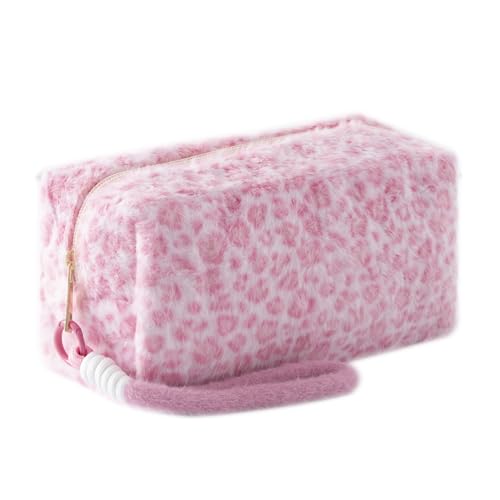 Leopard Print Plush Pencil Case with Wrist Strap Large Capacity Fluffy Pen Pouch for Students Cute Stationery Organizer Bag for School Portable Makeup Cosmetic Bag (Pink) - color: Pink