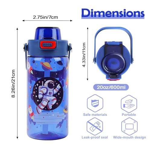 20oz Kids Water Bottle For School or Travel, Leak-Proof & Dishwasher, Durable Plastic Sport Water Bottle With Straw and Handle, Astronaut - color: Blue astronaut