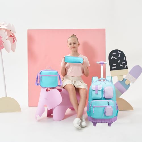 Rolling Backpacks for Kids with Wheels Backpack for School Girls Teen with Lunch Bag Pencil Case Backpack for Girls Bookbags Backpack Toddler Daycare School Bag Elementary - color: Solid Green
