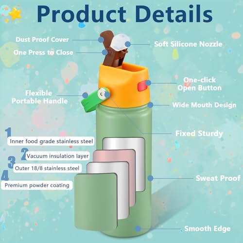 18 OZ Water Bottle for Kids, Stainless Steel Double Insulated Sports Water Bottle, Leak Proof Straw Cup for School, Gifts and Travel, BPA Free (Light Purple)