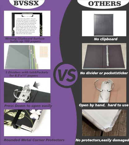 3 Ring Binder 1 Inch, Three Ring Binders Organizer with Clipboard, 5-Tabs Pockets Dividers, Plastic Folder, 18 Divider Stikers, BVSSX Pretty Binder with Pen Loop (Black Weeds, Letter Size) - color: Black Weeds, size: 1in（Letter Size）