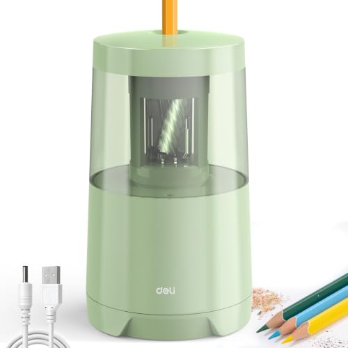 Deli Electric Pencil Sharpener, Automatic Pencil Sharpeners, Green | Suitable for No.2 Pencils Colored Pencils, Auto Stop, USB & Battery Operated for Students, Classroom, Home and Office, - color: Green
