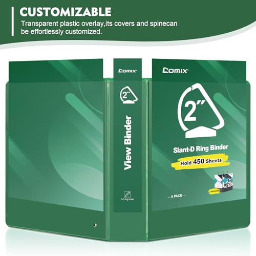 COMIX Sturdy 3 Ring Binder 2 inch with Clear View Cover, 2" Slant-D Ring View Binder Holds 500 Sheets of US Letter Size Paper, 6 Pack (Green) - color: Green, size: 2 inch