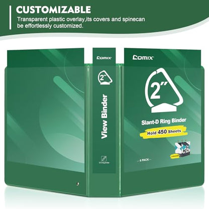 COMIX Sturdy 3 Ring Binder 2 inch with Clear View Cover, 2" Slant-D Ring View Binder Holds 500 Sheets of US Letter Size Paper, 6 Pack (Green) - color: Green, size: 2 inch