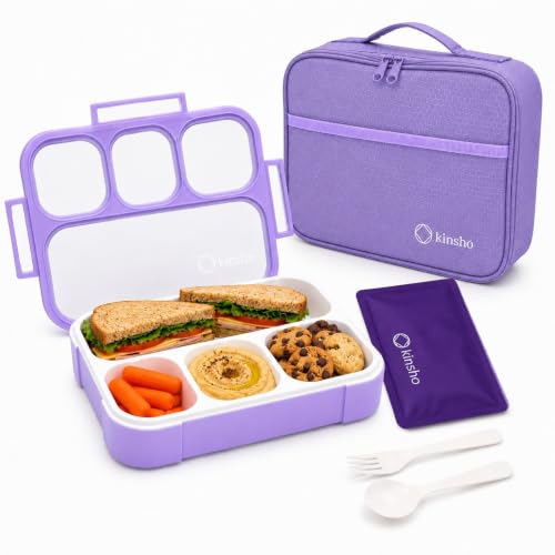 kinsho Lunch Boxes for Girls Teens Adults - Bento Box Set with Insulated Bag and Ice Pack, 4 Compartment Leak Proof Food Container, BPA-Free, Microwave Safe, Ideal for School & Work, Purple - color: Purple (4 Compartments)