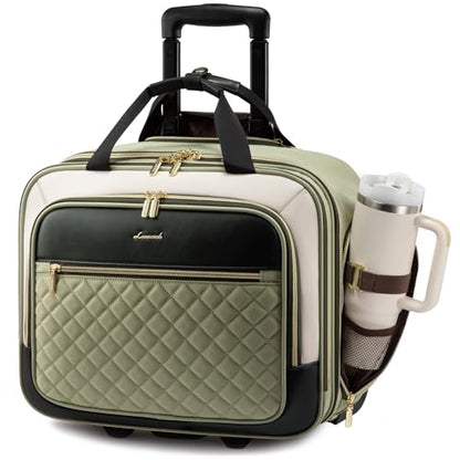 LOVEVOOK Rolling Laptop Bag Women, 17.3 Inch Laptop Briefcase with Wheels for Work Travel Business, Underseat Carry On Luggage Case,Green-Beige - color: Green-Beige