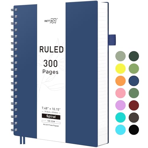RETTACY Spiral College Ruled Notebook, 300 Pages, B5 Medium Size (7.4" x 10"), for School, Work, Writing, Journaling, 100 GSM Thick Paper, Flexible Plastic Cover (Navy Blue) - color: Navy Blue, size: 7.4" x 10"