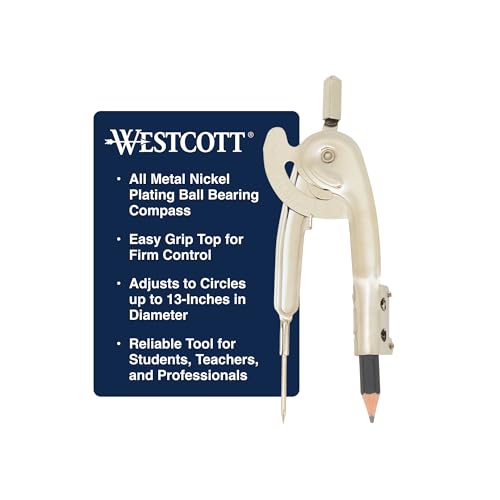 Westcott Nickel-Plated Ball Bearing Compass with Pencil, Professional Style, Back-to-School Supplies, Draws Circles up to 13 Inches in Diameter - size: Ball Bearing