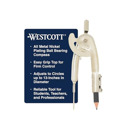 Westcott Nickel-Plated Ball Bearing Compass with Pencil, Professional Style, Back-to-School Supplies, Draws Circles up to 13 Inches in Diameter - size: Ball Bearing