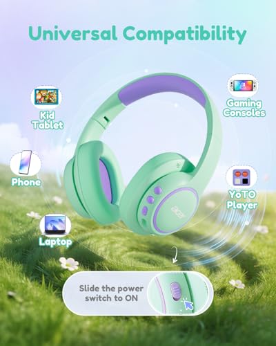 acer Kids Bluetooth Headphones, Over Ear Headphone for Kids with Mic, 75H Playtime, 85dBA Safe Volume, Bluetooth 6.0, USB C Fast Charging, Toddler Headphones for iPad/Tablet/Travel/School-Green Purple | 75H Playtime, Bluetooth 6.0, 3.5mm Jack Aux Cord, 85