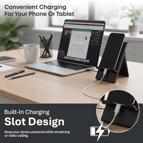 Tablet Stand, Adjustable Height, Phone Stand, Tablet and Phone Holder for Desk, Fits Tablets up to 13", Charging Slot, Foldable, Silicone Padding, Compatible with iPad/iPhone/Kindle