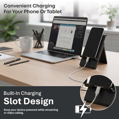 Tablet Stand, Adjustable Height, Phone Stand, Tablet and Phone Holder for Desk, Fits Tablets up to 13", Charging Slot, Foldable, Silicone Padding, Compatible with iPad/iPhone/Kindle