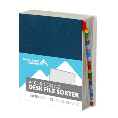 Blue Summit Supplies A-Z Desk File Sorter, Letter, 20 Dividers, Blue | Expanding alphabetical sorter, 20 A-Z dividers, for mail, files, invoices, and desktop organization