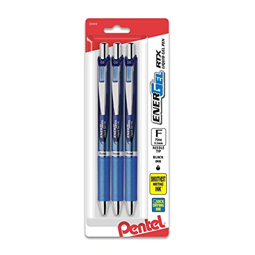 Pentel EnerGel RTX Retractable Liquid Gel Pen, (0.5mm), Fine Line, Needle Tip, Blue Ink, Pack of 3 (BLN75BP3C) - color: Blue, size: 3 Count (Pack of 1)