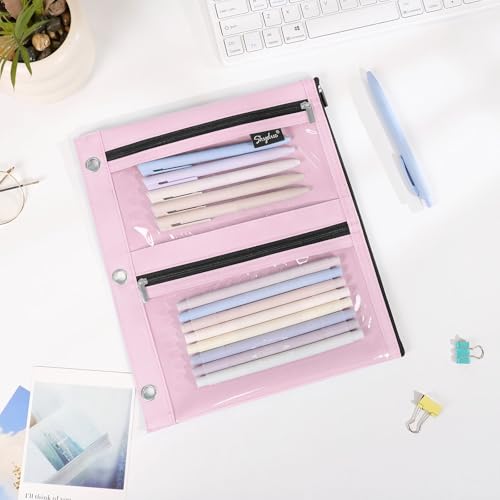 SKYDUE Pencil Pouch for 3 Ring Binder, 3 Compartment Zipper Pencil Case, Large Capacity Pen Organizer with Clear PVC Window for School Supplies, Students, Kids & Teachers - color: Pink