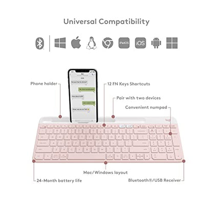 Logitech K585 Multi-Device Slim Wireless Keyboard, Built-in Cradle for Device; for Laptop, Tablet, Desktop, Smartphone, Win/Mac, Bluetooth/Receiver, Compact, Easy Switch, 24 Month Battery - Rose | Slim Keyboard with Built-in Phone Cradle, Easy-Switch for