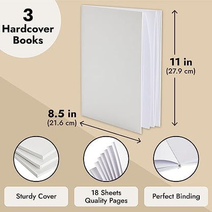 Paper Junkie Blank Books for Kids to Write Stories - 8.5 x 11 In, White Hardcover, Pack of 3 - Unlined Journal & Scrapbook with 36 Pages Acid-Free Paper for Drawing & Doodling