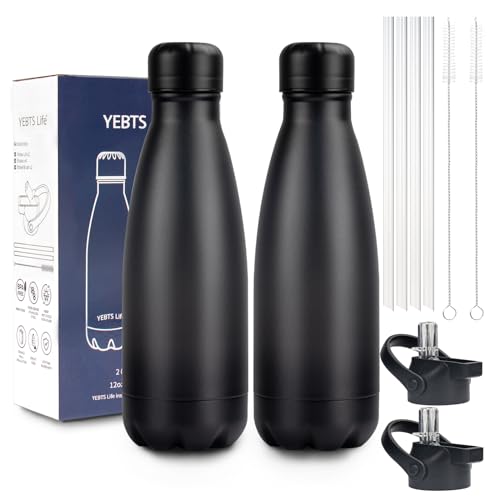 Insulated Water Bottle, 2 Pack-12oz Stainless Steel Water Bottles with straw lid, Metal Sports Water Bottles for Boys,Girls, Double Wall Vacuum BPA-Free Flask for School,Sports & Travel-Black - color: Black/2 pack, size: 12 Ounces