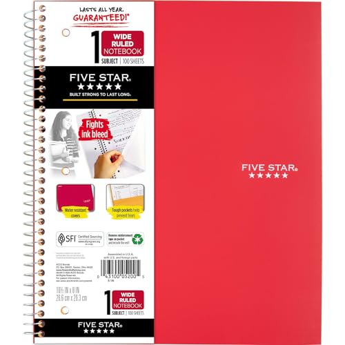 Five Star Spiral Notebook, 1 Subject, Wide Ruled Paper, 10-1/2" x 8", 100 Sheets, Assorted Colors, Color Will Vary, Office Product , 1 Count (05200) - size: 1 Count