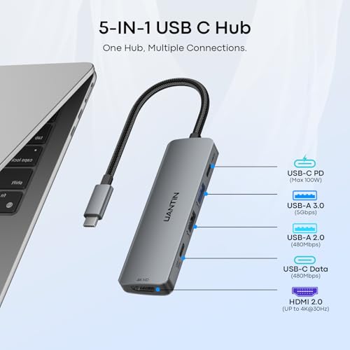 UANTIN USB C Hub Multiport Adapter 5 in 1, 4K USBC to HDMI Dongle with 100W PD, 5Gbps USB-A 3.0, USB-C Data, USB C Splitter Docking Station for MacBook Neo/Pro/Air, iPad, XPS, Surface Laptop