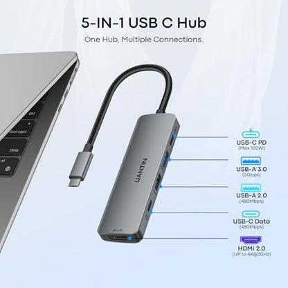 UANTIN USB C Hub Multiport Adapter 5 in 1, 4K USBC to HDMI Dongle with 100W PD, 5Gbps USB-A 3.0, USB-C Data, USB C Splitter Docking Station for MacBook Neo/Pro/Air, iPad, XPS, Surface Laptop